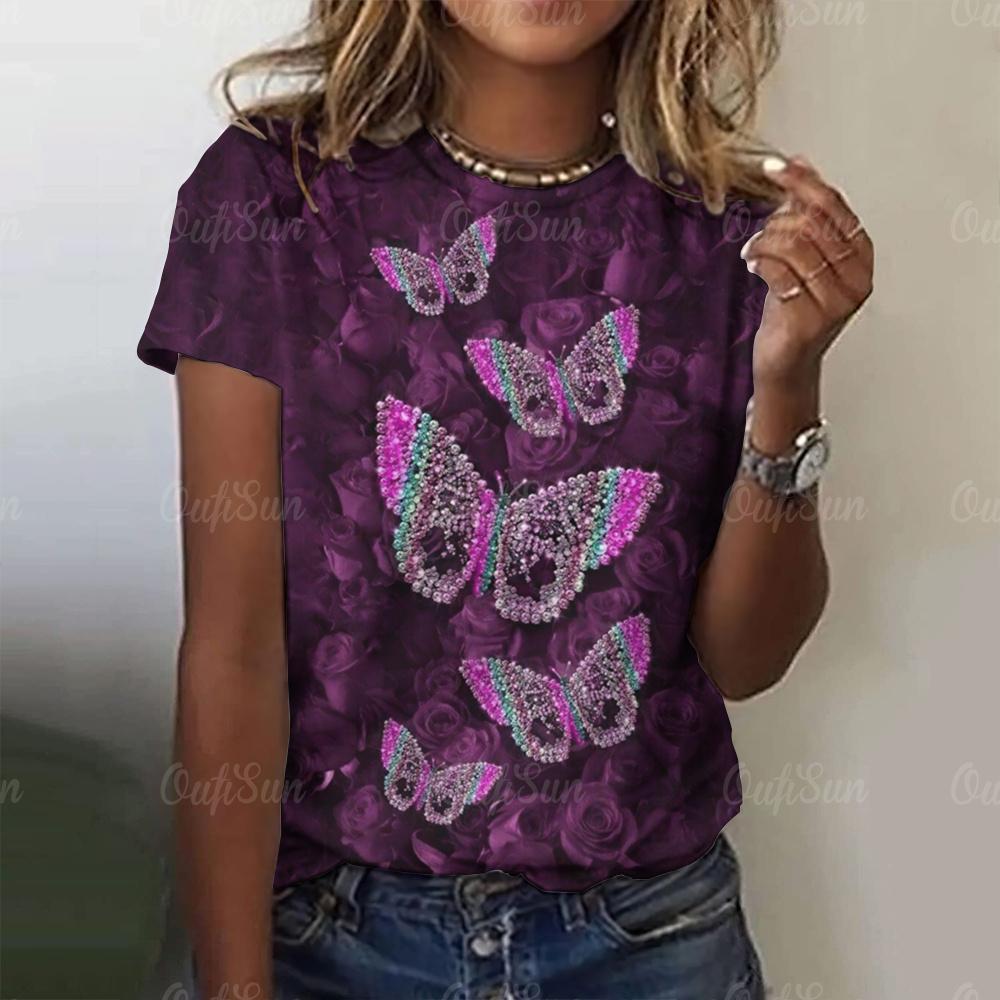 Женская футболка с принтом бабочки 3D, фиолетовая, с круглым вырезом, повседневная, женская, градиентная, топ Harajuku для девочек, с коротким рукавом, модная одежда