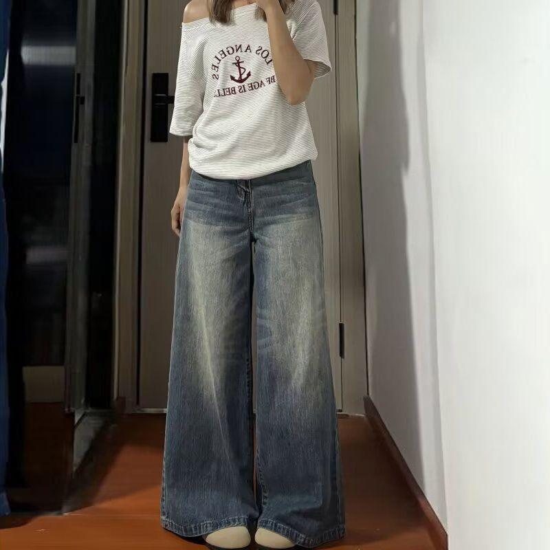 Large size retro high-waisted jeans women's spring and summer new pear-shaped loose straight and thin versatile mopping wide-leg trousers