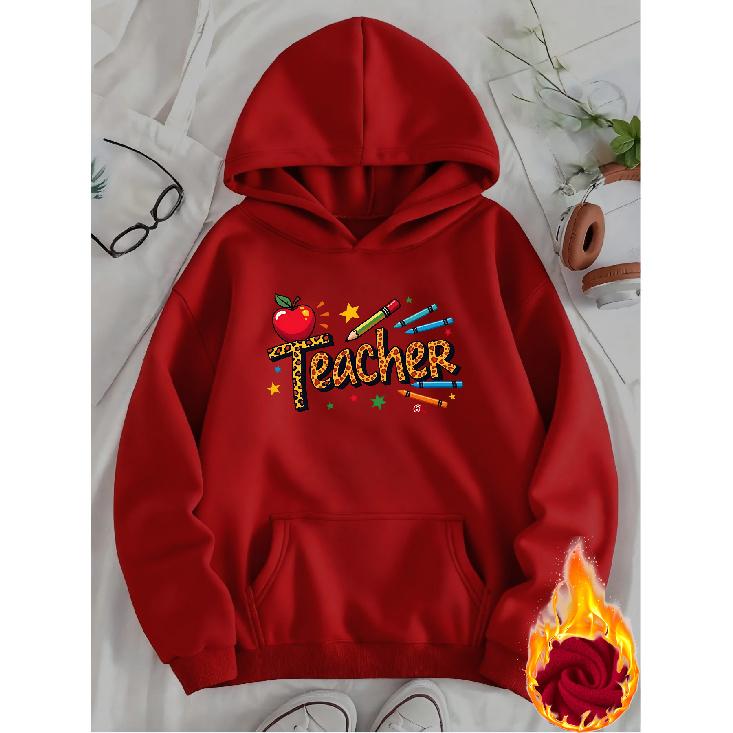 Cozy & Warm Teacher Graphic Print Fleece Lined Hooded Sweatshirt with Kangaroo Pocket
