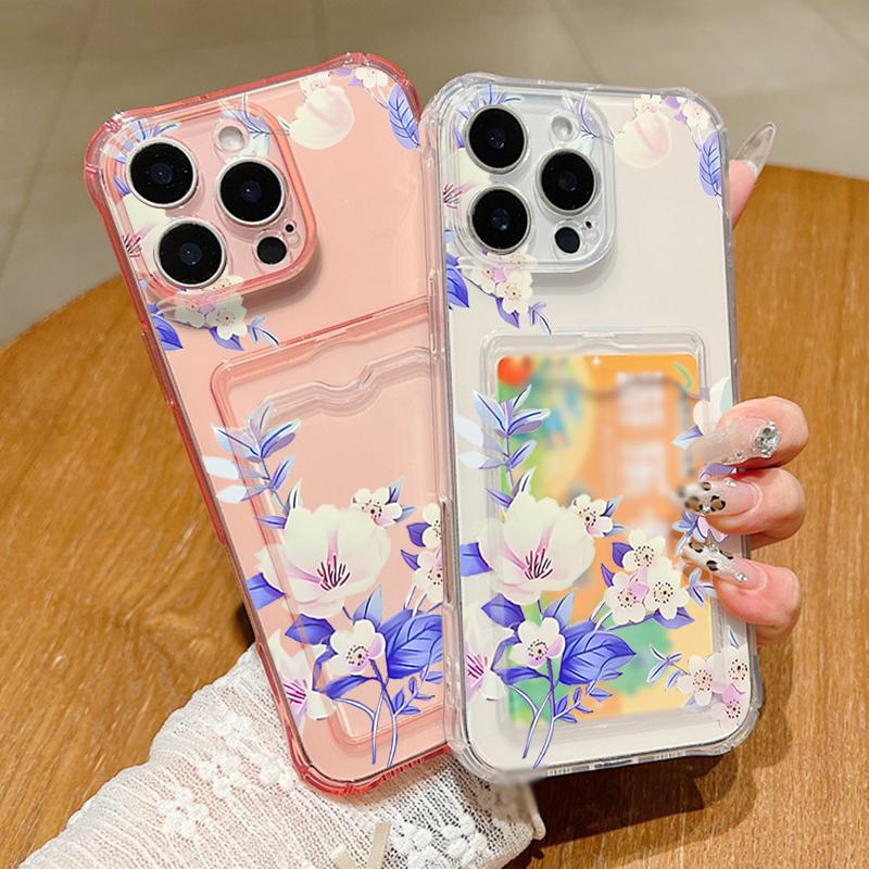 Ударопрочный прозрачный чехол с карманом для карт и цветочным узором для iPhone 16 15 Pro 14 13 Pro Max 12 11 Мягкий силиконовый тонкий защитный чехол для объектива от падения