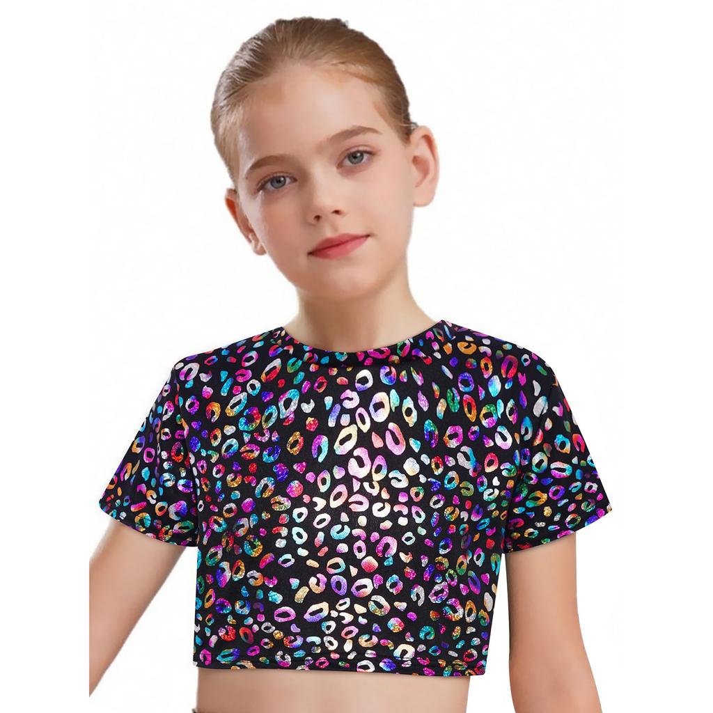 Girls Metallic Leopard Print T-Shirt Crop Top Short Sleeve Round Neck Cheerleading Costume
