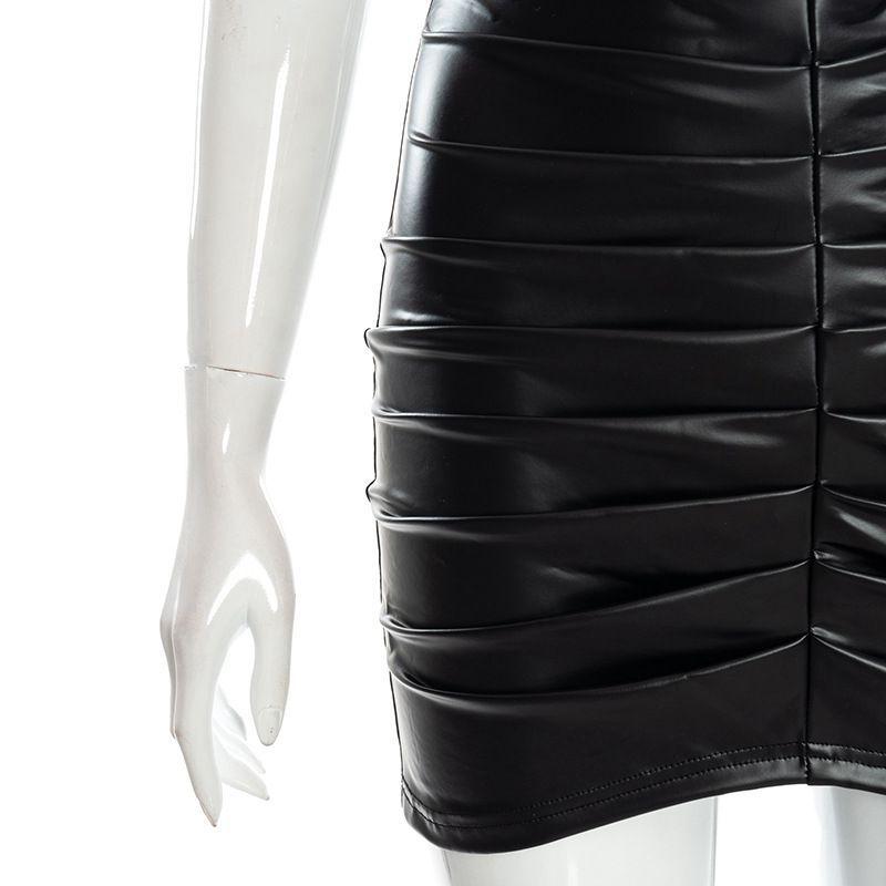 Stylish Bag Hip Skirt Temperament Solid Color Pleated PU Female Skirt Handsome Slim High Waist A-line Skirt