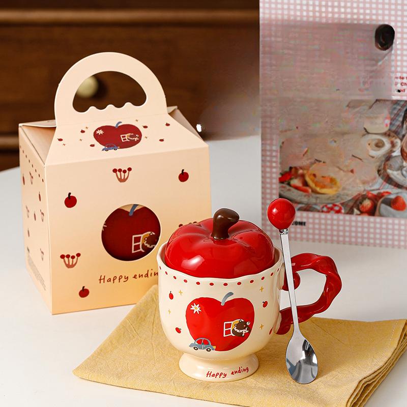 Милая кружка Apple с крышкой, керамическая чашка, сувенир, чашка для питьевой воды, офисная, высококлассная кофейная чашка, Рождество