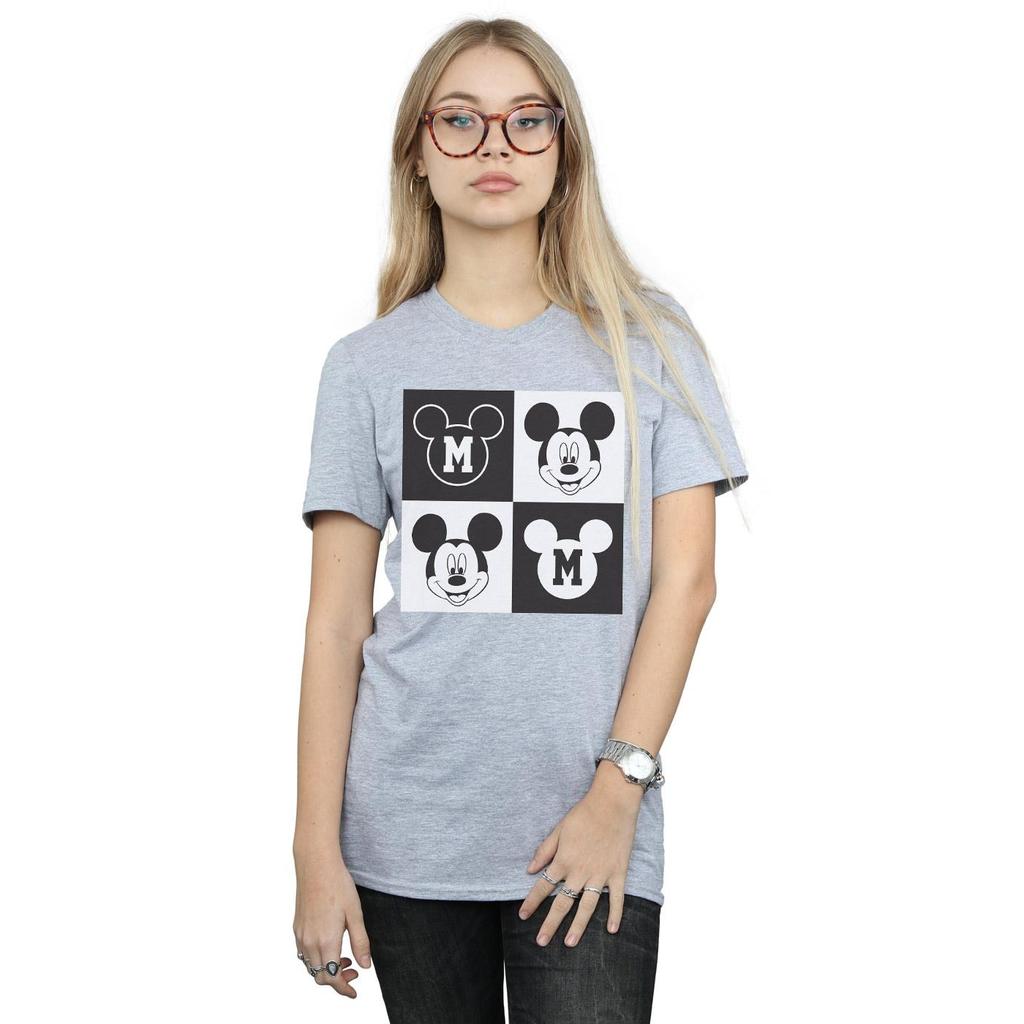 Disney Womens/Ladies Mickey Mouse Smiling Squares Cotton Boyfriend T-Shirt
