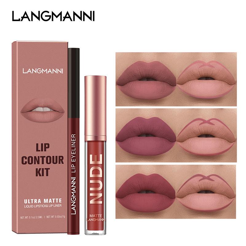 Langmanni Lip Gloss Lip Liner Set 2 Sets Non-sticky Cup Matte Lip Gloss Set