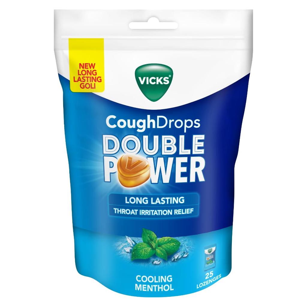 VICKS COUGH DROPS DOUBLE POWER (Bag of 25) WITH AYURVEDIC INGREDIENTS , COOLING MENTHOL FLAVOUR