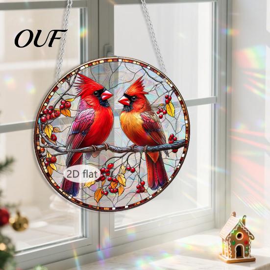Stained Glass Acrylic Ornaments Christmas Window Hanging Decor, 2D Holographic Art Santa Claus Decor Ornament with Metal Chain, Double-sided Printing