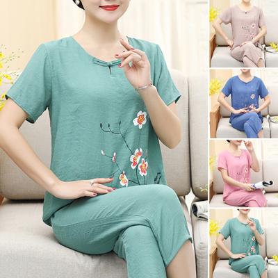 Комплект брюк с круглым вырезом и глубокой промежностью со средней талией, повседневный комплект больших размеров для женщин среднего возраста, повседневная одежда для мамы