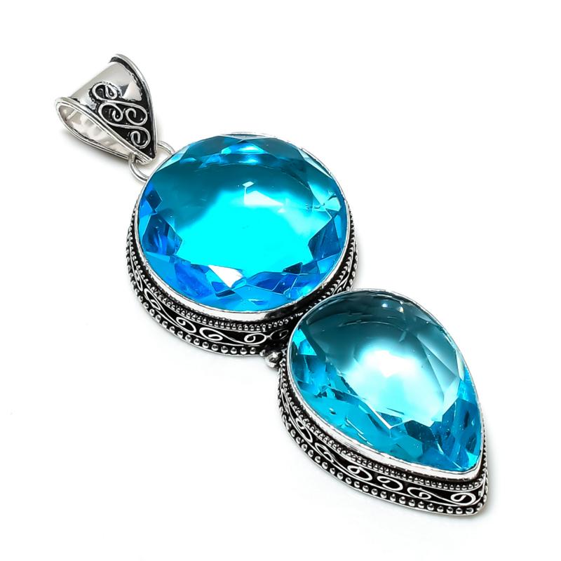 Amazing Swiss Blue Topaz Gemstone Pendant 925 Sterling Silver- Handmade Design, Everyday Wear Jewelry, Unique Swiss Blue Topaz Double Stone Pendant