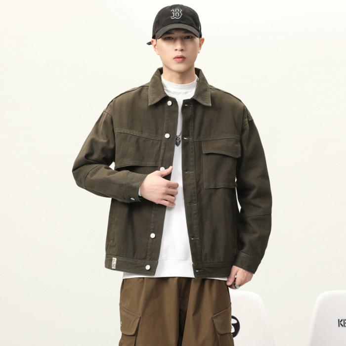 Spring High-End Denim Jacket Men'S Loose Large Size Fat Trendy Brand Army Green Retro Youth Tooling Jacket Denim
