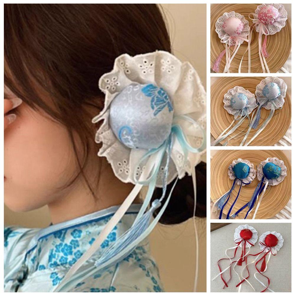 Lace Bow Chun-Li Hair Bun Clip Cloth Cosplay Headwear Bowknot Tassel Hair Clip Cheongsam Headwear