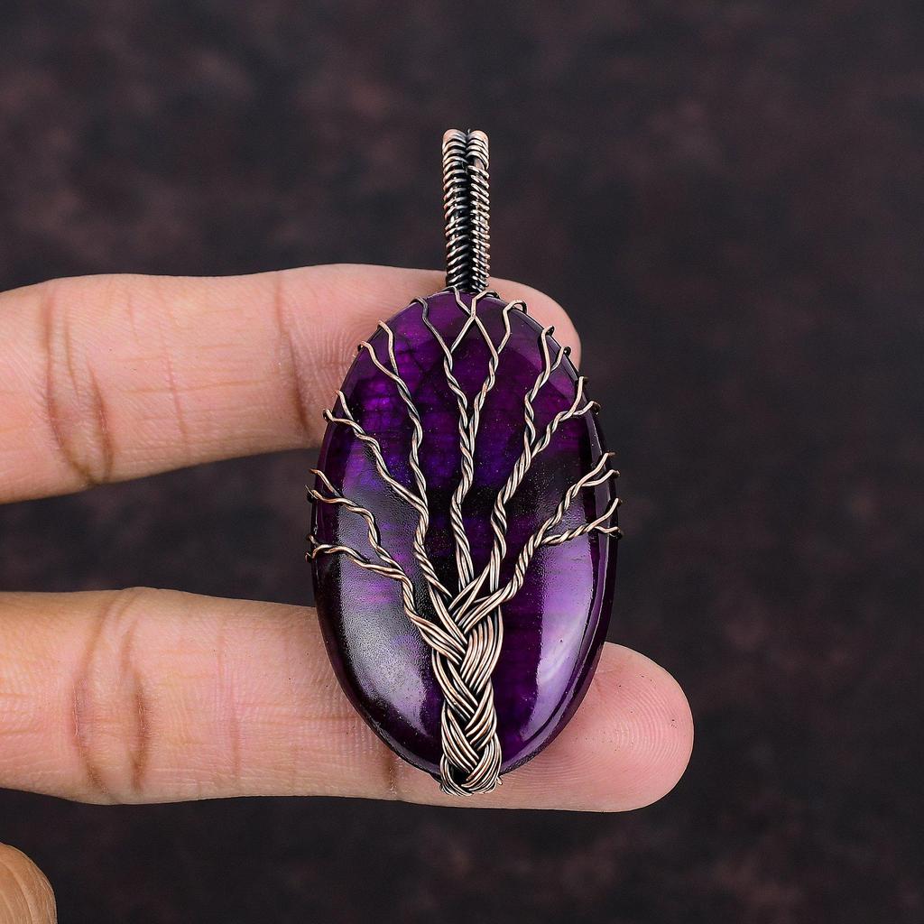 Кулон из фиолетового огненного лабрадорита «Дерево жизни», подвеска из медной проволоки, подвеска ручной работы, подвеска из медной проволоки, ювелирное изделие с драгоценным камнем для подарка