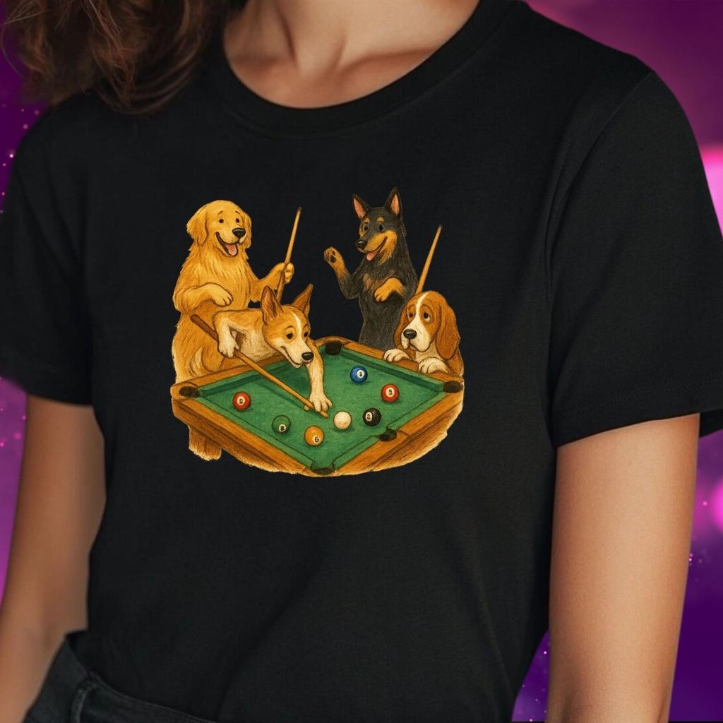 T-Shirt Frauen Hunde spielen Billard Motiv Baumwolle Größe S bis 3XLWird in neuem Fenster oder Tab geöffnet