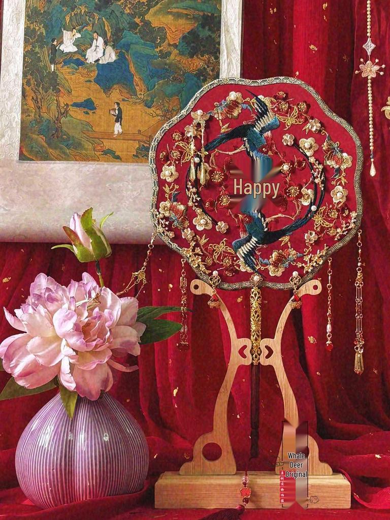 Двусторонний круглый веер "Кит и Олень" - Оригинальный дизайн "Сорока и Смеющаяся Голубка" для подарка невесте на свадьбу