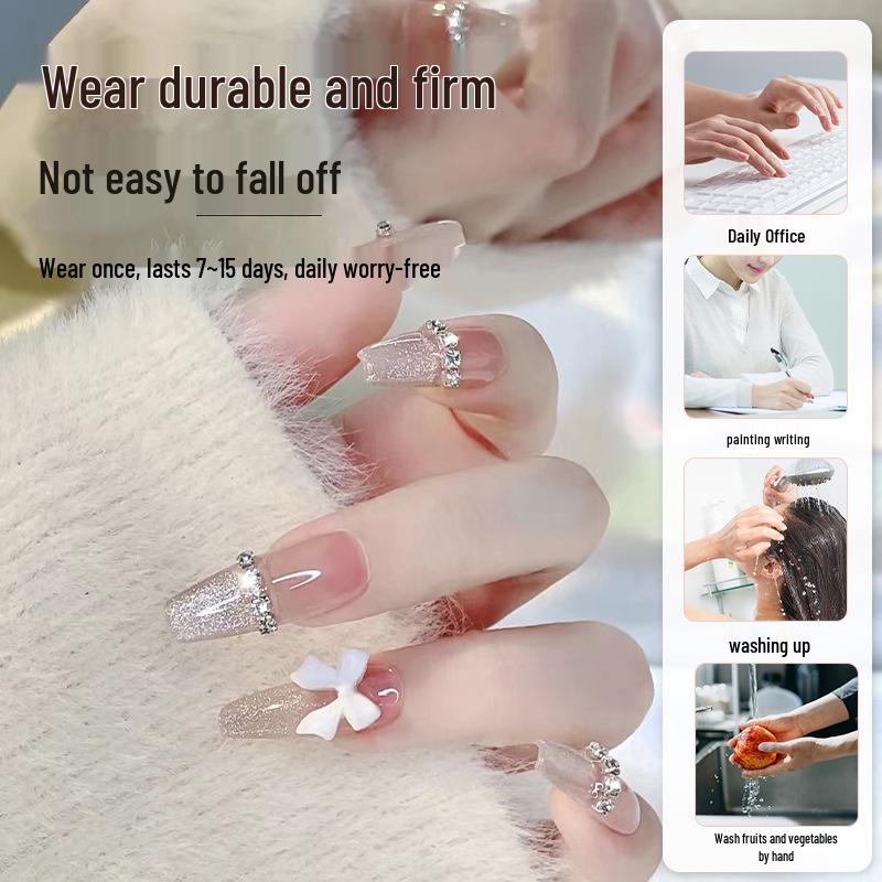 Cat Eye Press-On Nails: Luxurious Nail Art Tips with Stone Glass Beads In Long & Short Whitening Styles