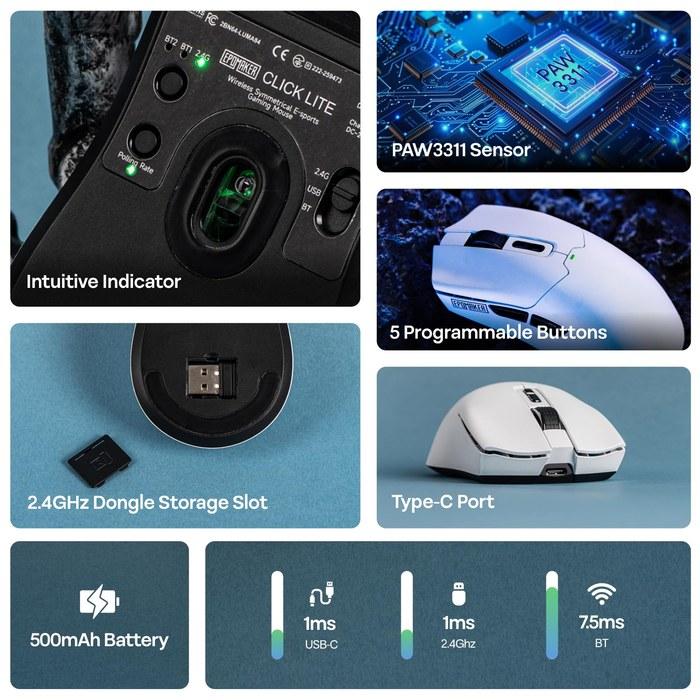 Беспроводная игровая мышь EPOMAKER Click Lite 800-12 000 DPI Сенсор PAW3311 59 г Аккумулятор 500 мАч 2,4 ГГц/BT/USB-C Перезаряжаемая (белый)