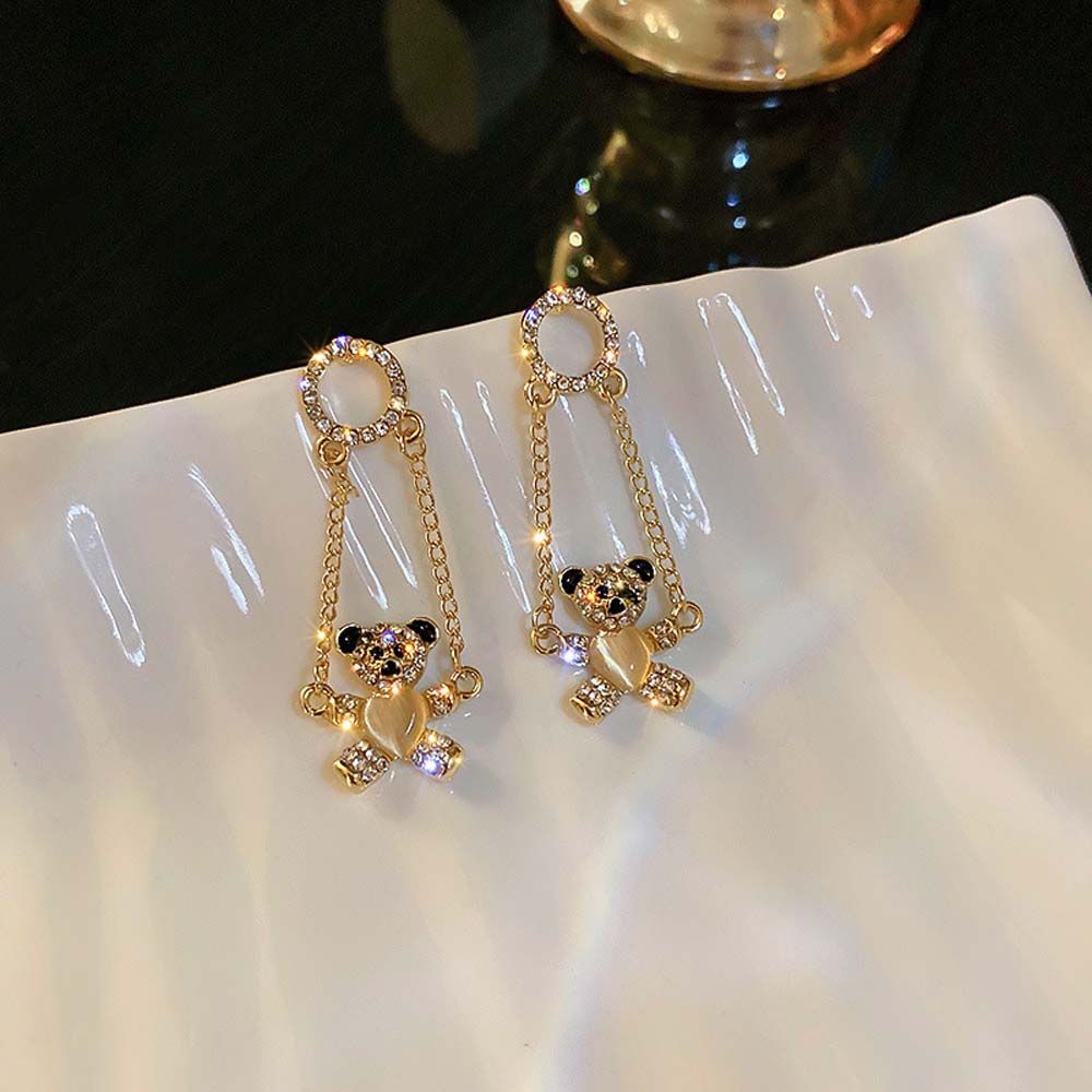 Silver Needle Rhinestone  Round Korean Style Bear Dangle Earrings Women Earrings Ear Studs