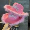 Cowgirl Hat Rhinestone Crown Decor Furry Ripped Edge Windproof Chin Rope Large Brim Sun