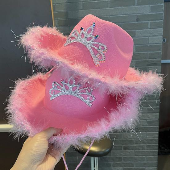 Cowgirl Hat Rhinestone Crown Decor Furry Ripped Edge Windproof Chin Rope Large Brim Sun