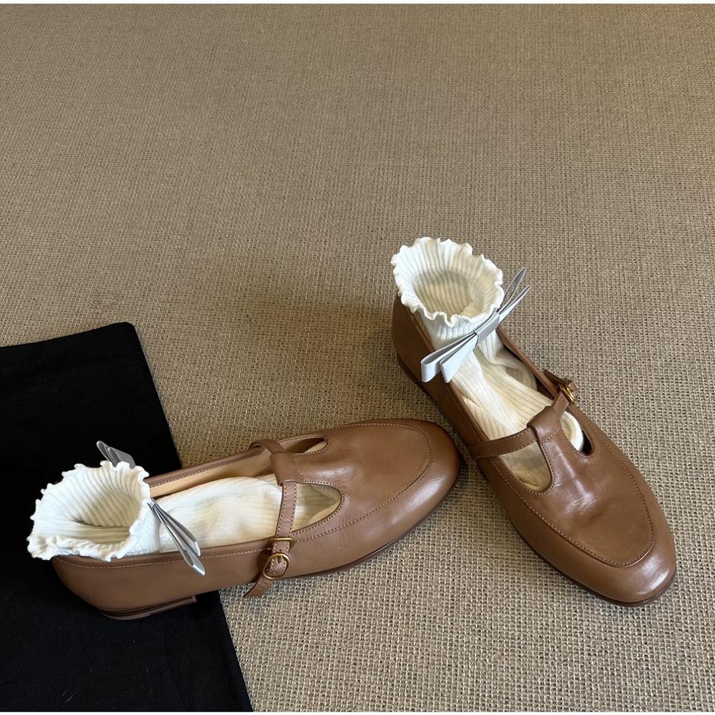 Весенняя коллекция 2025 года из коровьей кожи ~ удобные однобортные туфли с Т-образной застежкой для девушек, на мягком ветру, с низким каблуком, с небольшим вырезом, на плоской подошве