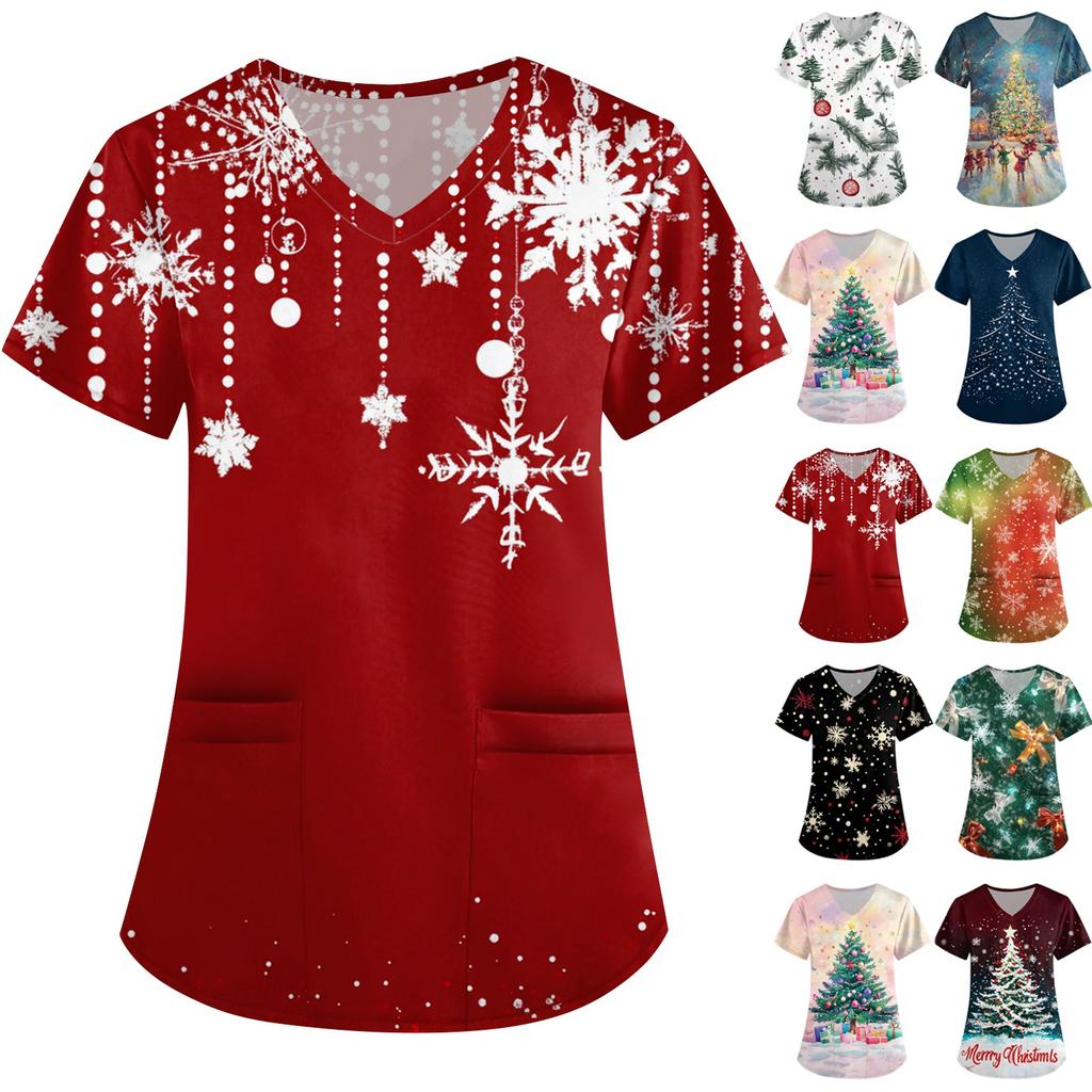 Women's Cute Printed Work Clothes V-neck Double Layer Pockets Basic Short Sleeve Top Pullover Christmas