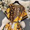 Summer Runway Baroque Leopard Dress Women Batwing Sleeve V Neck Golden Flower Print Bandage Lace Up Belt Loose Maxi Robe