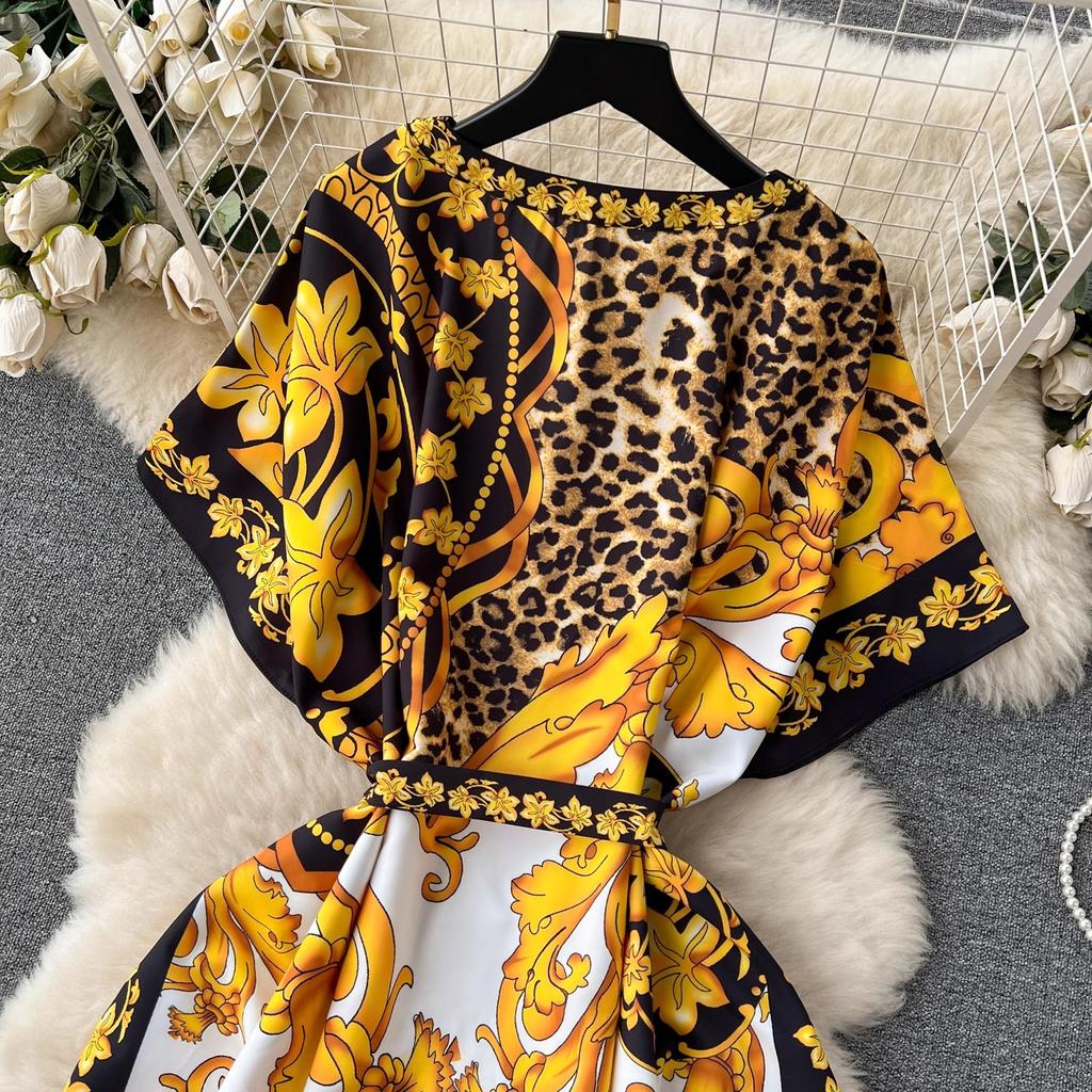Summer Runway Baroque Leopard Dress Women Batwing Sleeve V Neck Golden Flower Print Bandage Lace Up Belt Loose Maxi Robe