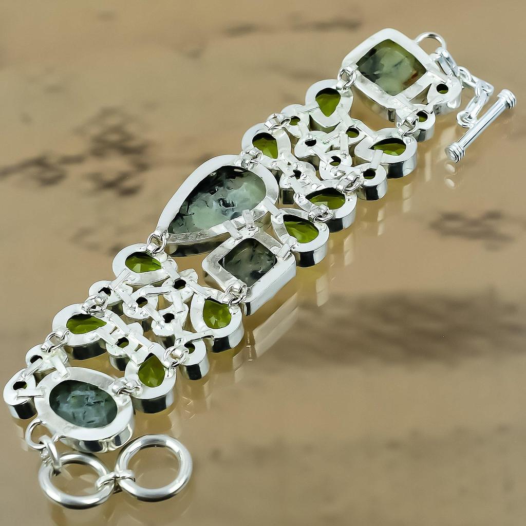 Natural Prehnite Gemstone 925 Silver Chain Adjustable Bracelet For Women