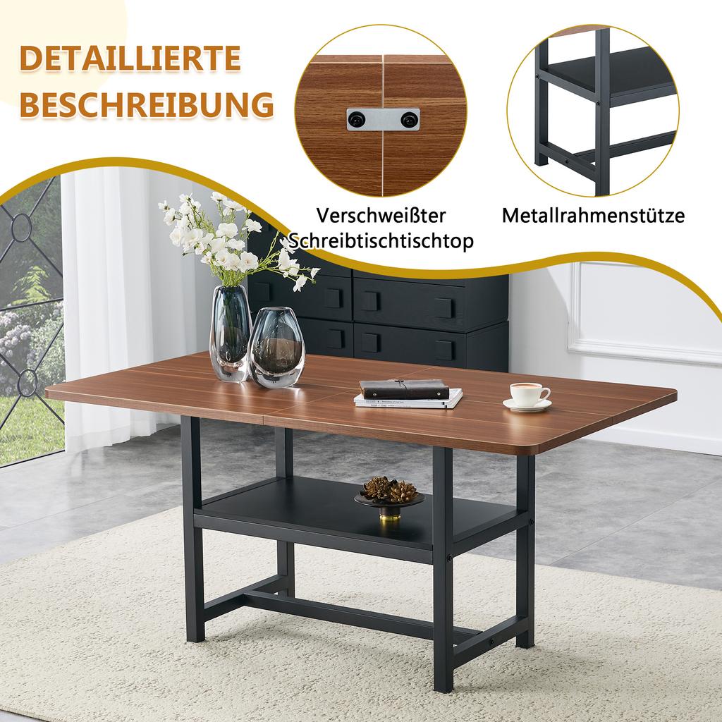 Rectangular Dining Table in Industrial Design in Walnut Color, 160×90×76 cm, for 4–6 People, with Multifunctional Shelf and Black Metal Legs.