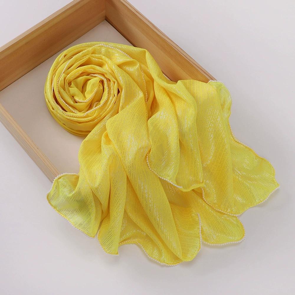 Chiffon Gold and Silver Wire Light Thin Women's Casual Pearl Edge Shawl Headscarf Hijab Scarves