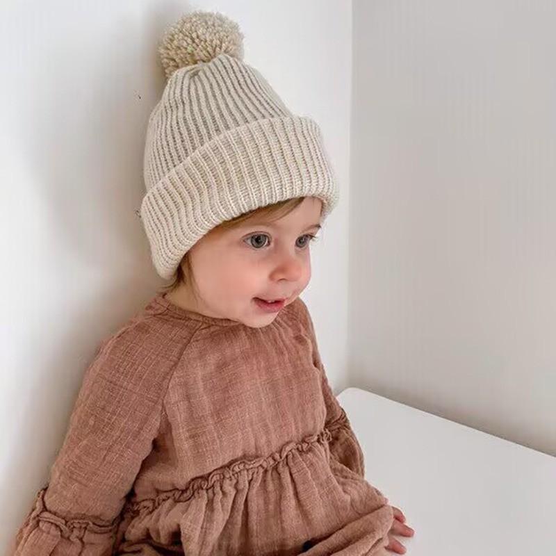 Большая шапка-бини с помпоном для малышей, вязаная, зимняя, теплая, для новорожденных, для мальчиков и девочек, 0-12 месяцев