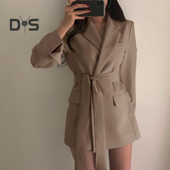 Весна Осень Костюм Пальто Длинный Рукав Шнуровка Ремень Талия Костюм Пиджак Однотонный Цвет Карманы Клапаны Средняя Длина Деловая Верхняя Одежда