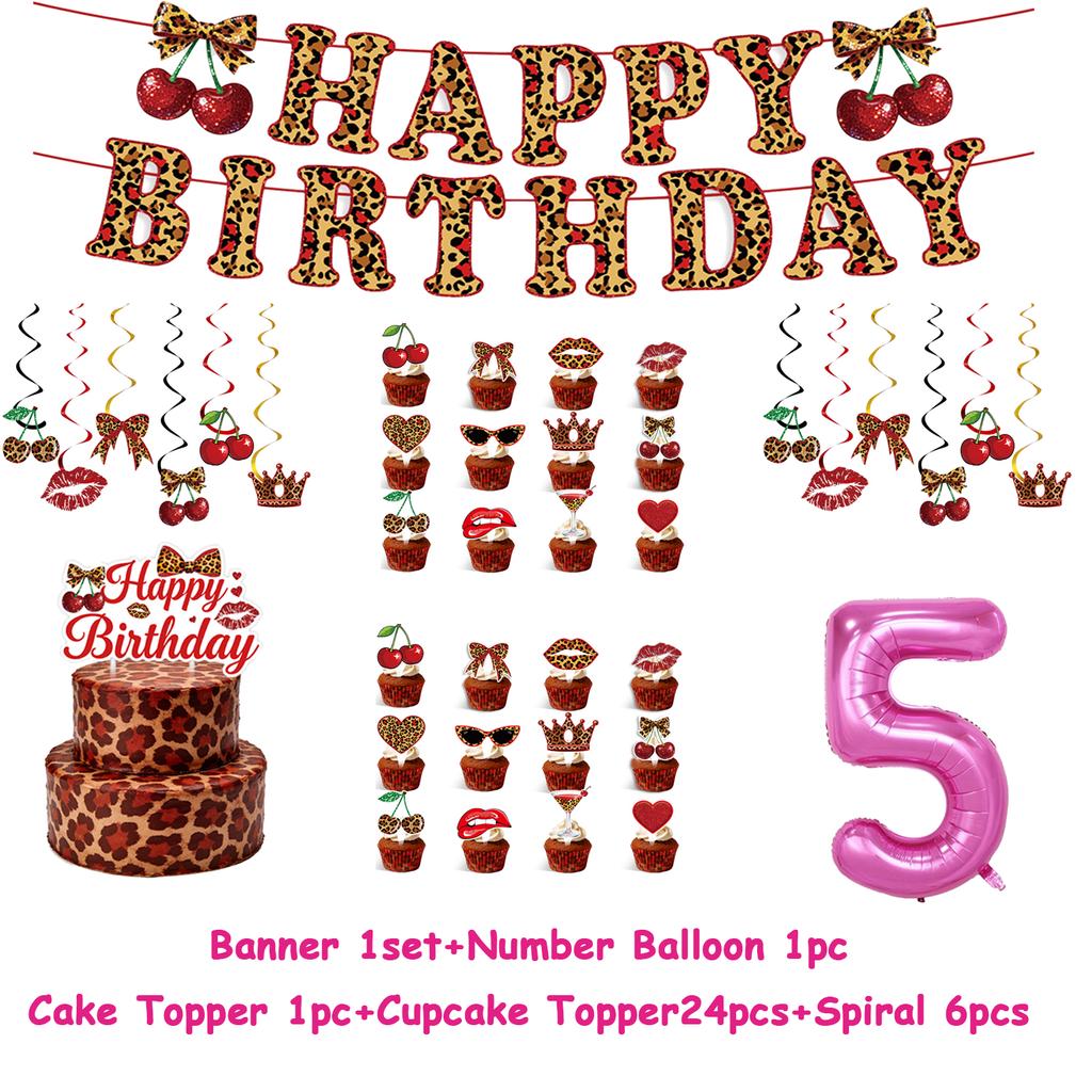 Pink Cherry Leopard Theme Birthday Party Decoration Plate Cup Balloon Banner Sexy Women Girls Shiny Photography Background Gifts