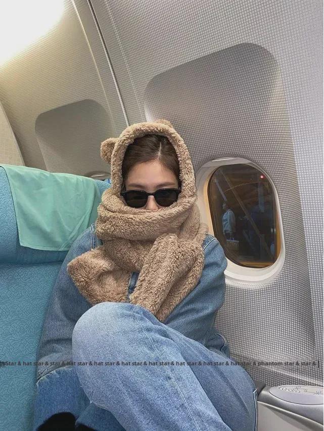 Комплект шапок и шарфа в стиле Дженни с медведем: Женский теплый плюшевый осенне-зимний галстук для студентов