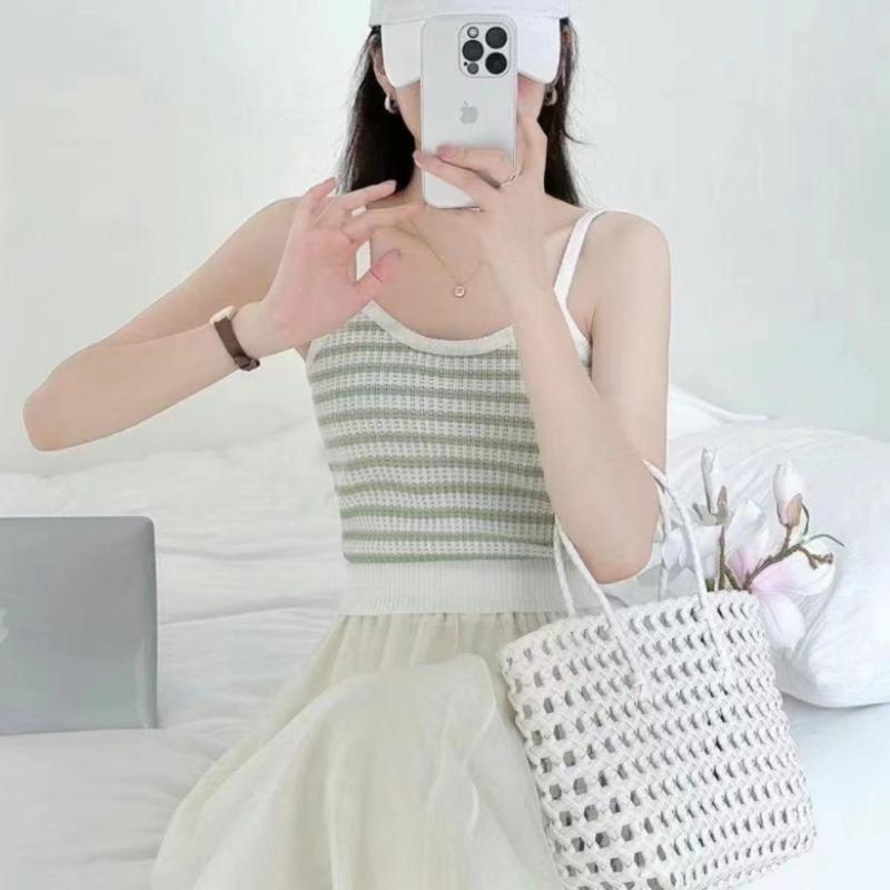 Летняя новинка корейская Первая любовь сладкий ветер цвет контрастные полосы тонкий трикотажный жилет халтер женская блузка