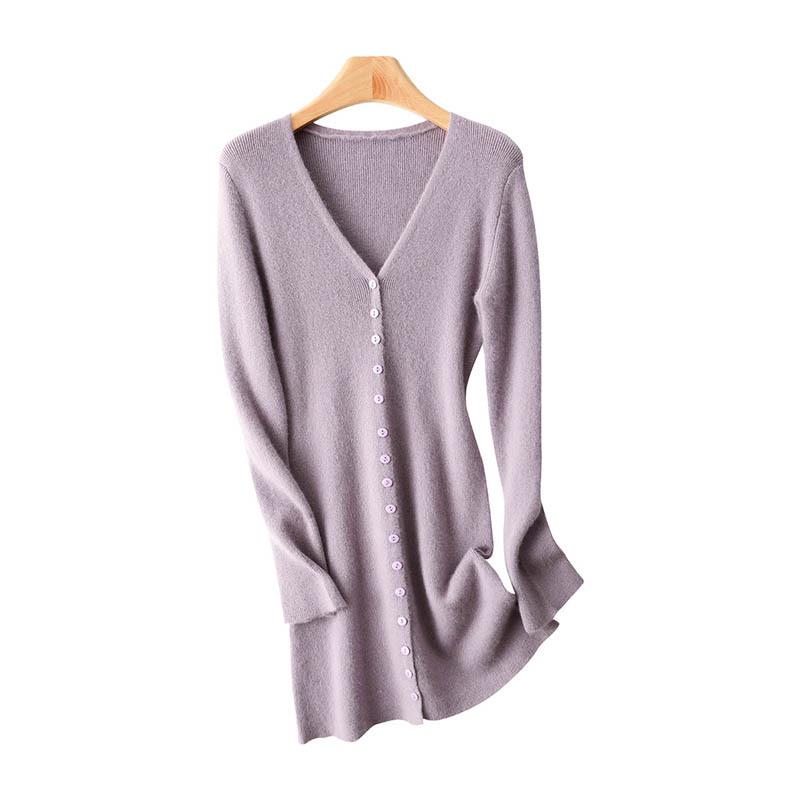 25 Early Autumn Women's V-neck Slim Knit Dress: Waist-cinching A-line Skirt with Long Sleeves and Multi-button Detail.