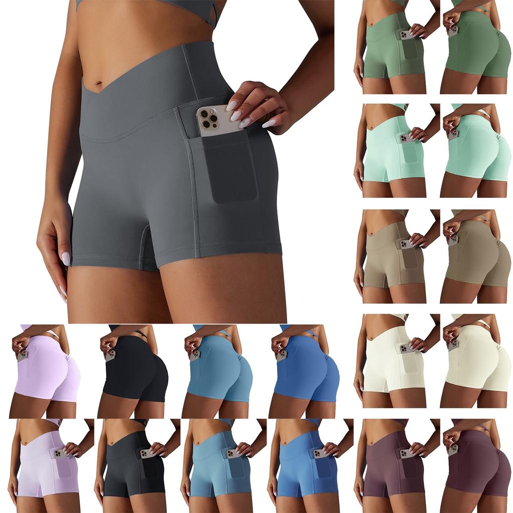 Women's Summer Cross V Waist Pocket Fitness Yoga Shorts Exercise Three Pants