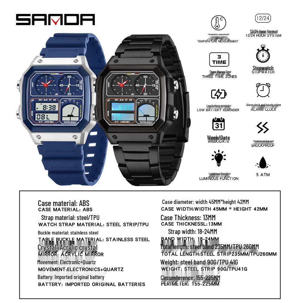 Sanda Temu Студенческие спортивные часы с измерением температуры, водонепроницаемые, двойной дисплей, многофункциональный квадратный дизайн