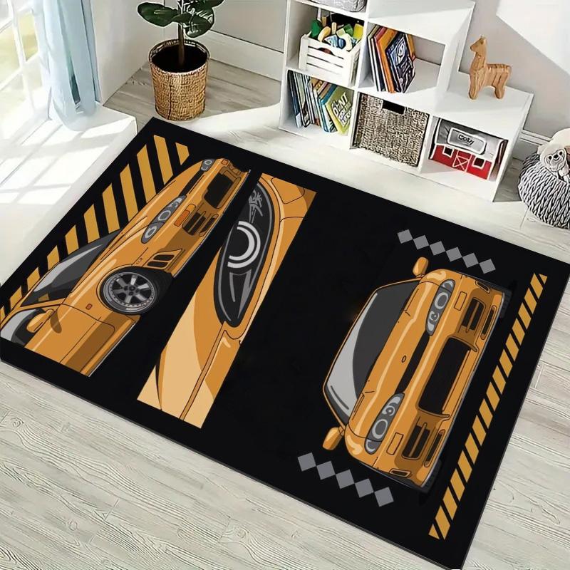 Golden‑Orange Tuned Sport Cars Warning Strip Print Area Rug Non‑Slip Rectangular Floor Mat Auto Fan Decor for Gaming Bedroom Living Room