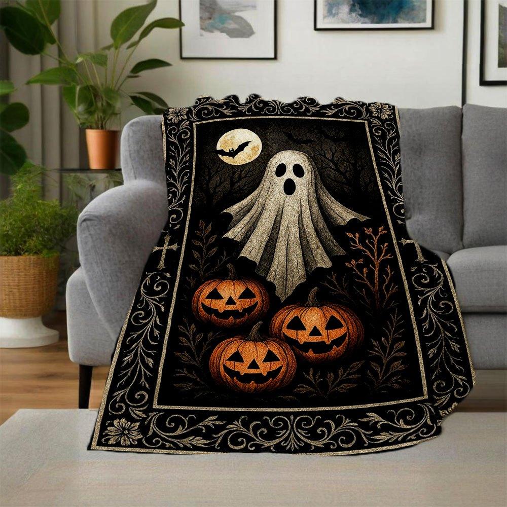 Halloween Ghost and Pumpkins Decorative RugBlanket Flannel Throw Blanket for Sofa, Bed, Travel, Camping, Office, Couch, Chair, And Bed Gift