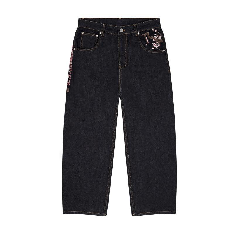 Джинсы мешковатые Y2K Вышивка selvedge Цветок сакуры Джинсовые брюки Мужские Женские Джинсовая ткань Американский Хип-хоп Уличная одежда Джинсы с широкими штанинами