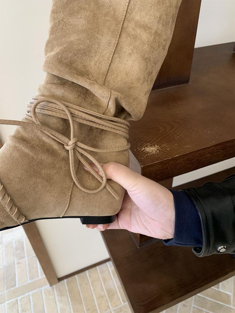 Женские сапоги-рыцари средней длины из замши на танкетке, увеличивающие рост, с острым носком, узкие, осень-зима 2025, в стиле вестерн, ковбойские, с мехом