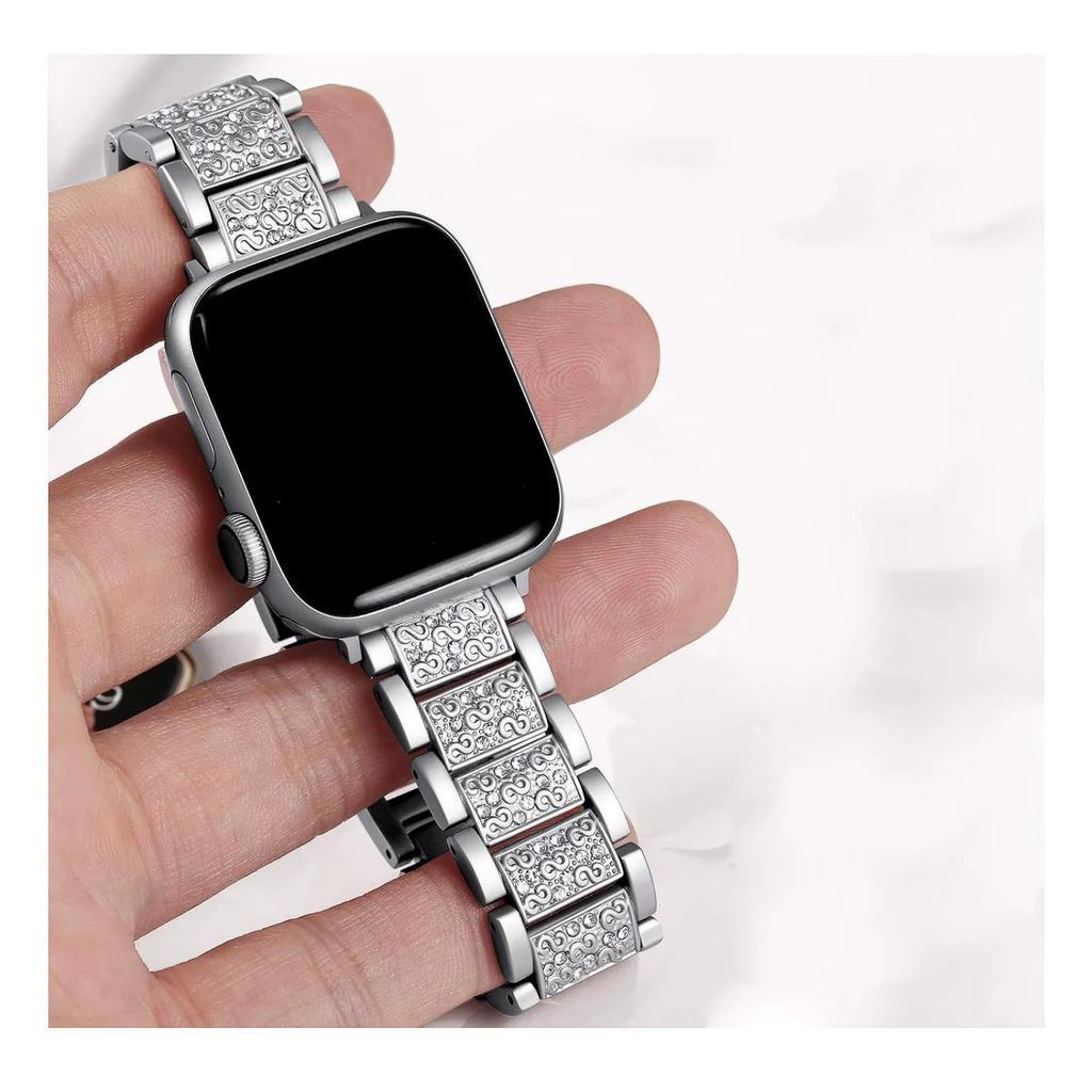 Совместимо с Apple Watch 9/8/7: Роскошный женский металлический ремешок с тремя звеньями, полностью инкрустированный бриллиантами