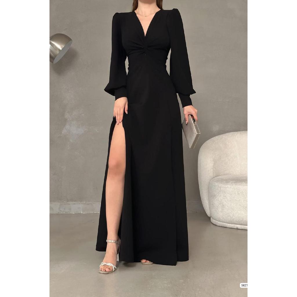Black Crepe Fabric Front Knot Detail Maxi Length Long Sleeve Double Slit Dress