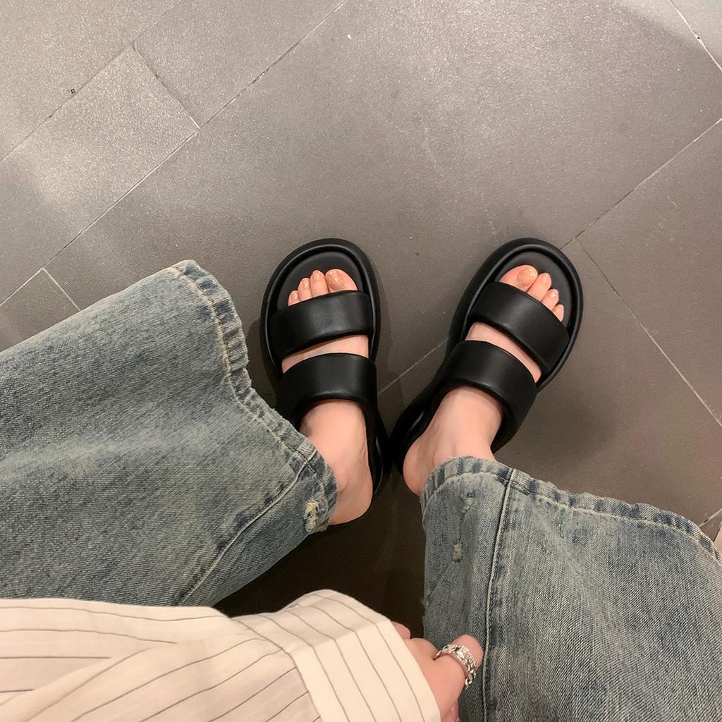 Leather version cloud bubble double belt bread casual thick bottom heightening slippers women's summer wear cool slippers
