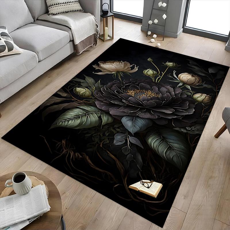 1pc Black Peony Carpet Anti Slip Polyester Floor Mat for office.Bedroom
