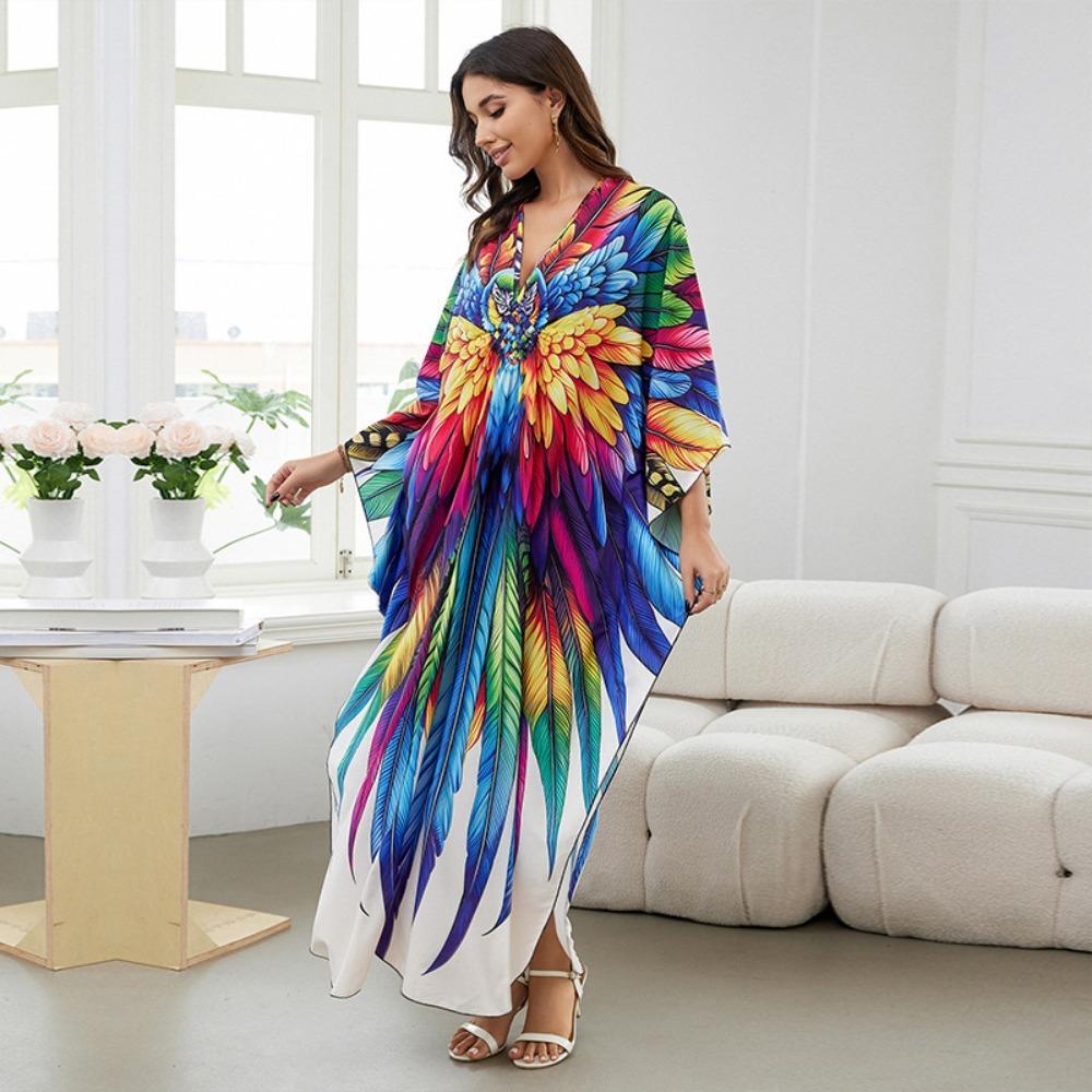 Women's Boho Cover Up, Plus Size Contrast Loose Fit Vacay Beach Kaftan Dress