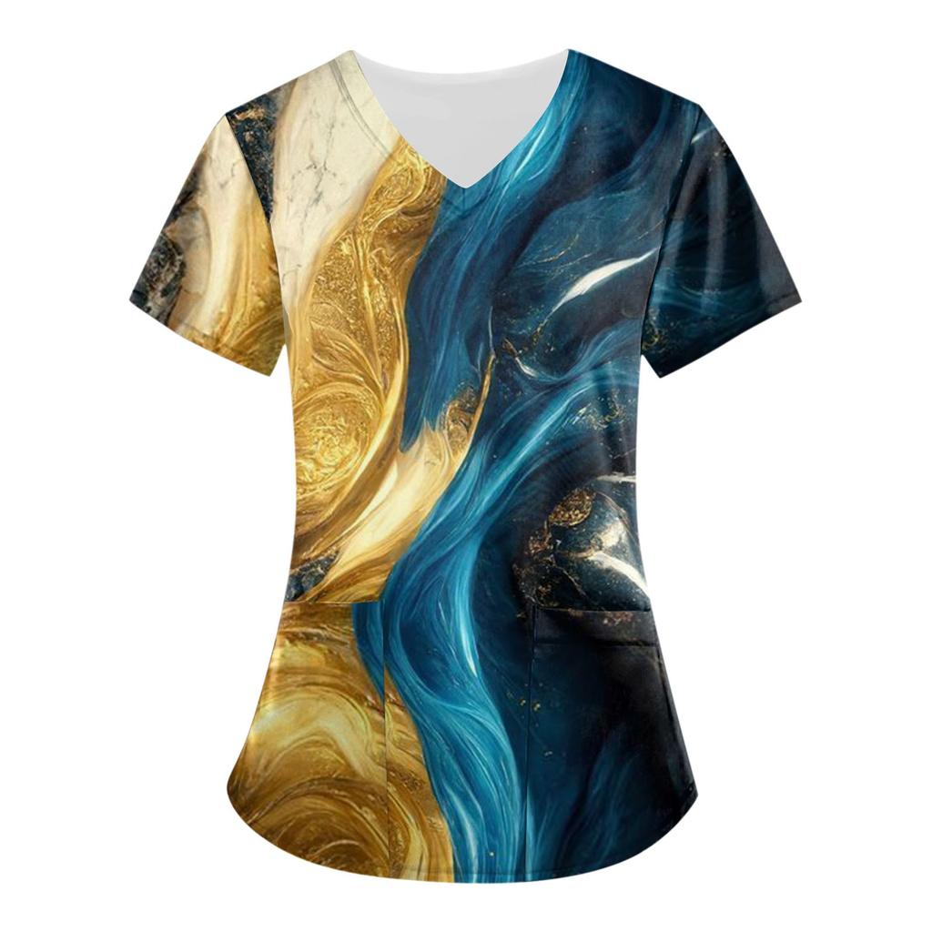 Женские топы с короткими рукавами и v-образным вырезом с принтом, рабочая форма, карманная блузка