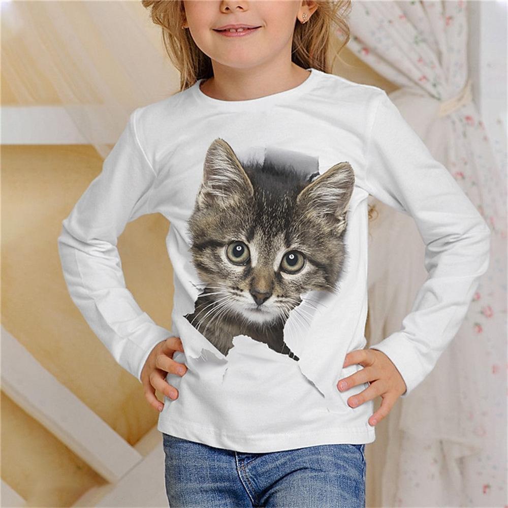 Girl Clothes Casual 3D Cat Graphic T Shirts Long Sleeve Tshirts Round Neck White T-Shirt Fashion Tops Outdoor Clothing for Girls