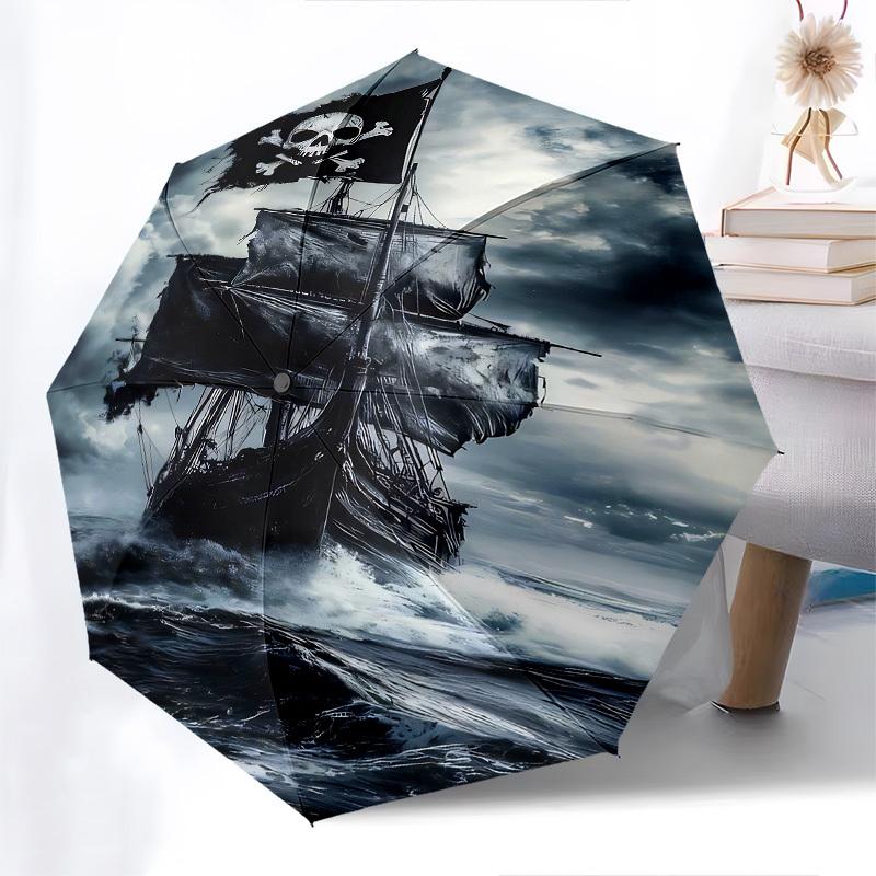 Pirate Ship, Stormy Sea Themed Automatic Opening and Closing Umbrella, Brightly Colored 8-rib Portable Umbrella, Suitable for Men and Women,